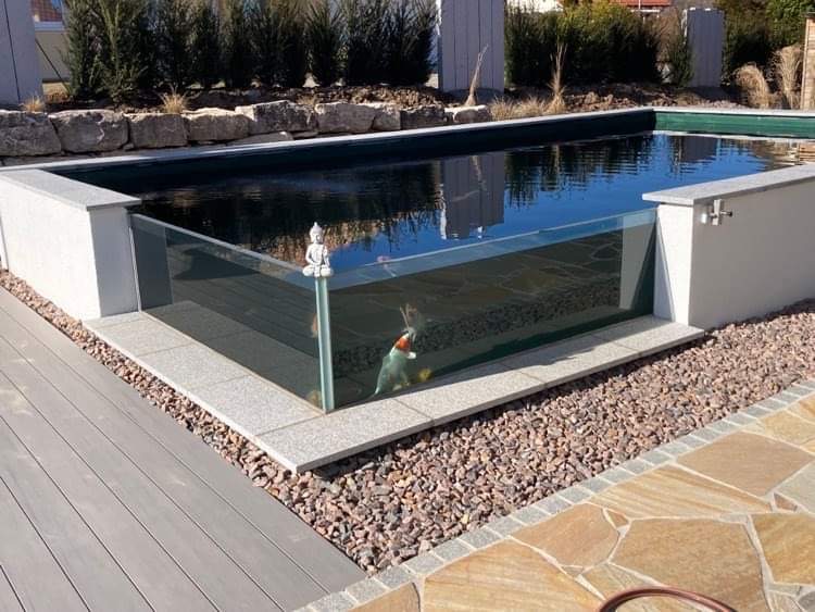 Teichscheibe 1200 x1200 x500 30mm mit VA-Rahmen und Flansche Eck-Teichfenster